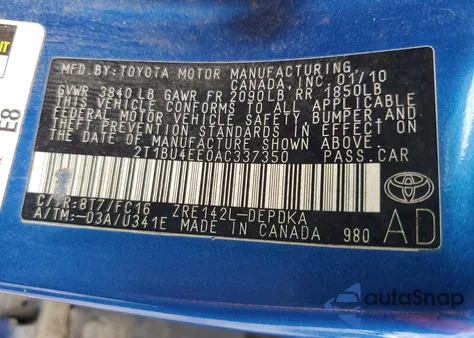 2010 Toyota Corolla Base z USA, uszkodzony, nr VIN 2T1BU4EE0AC337350